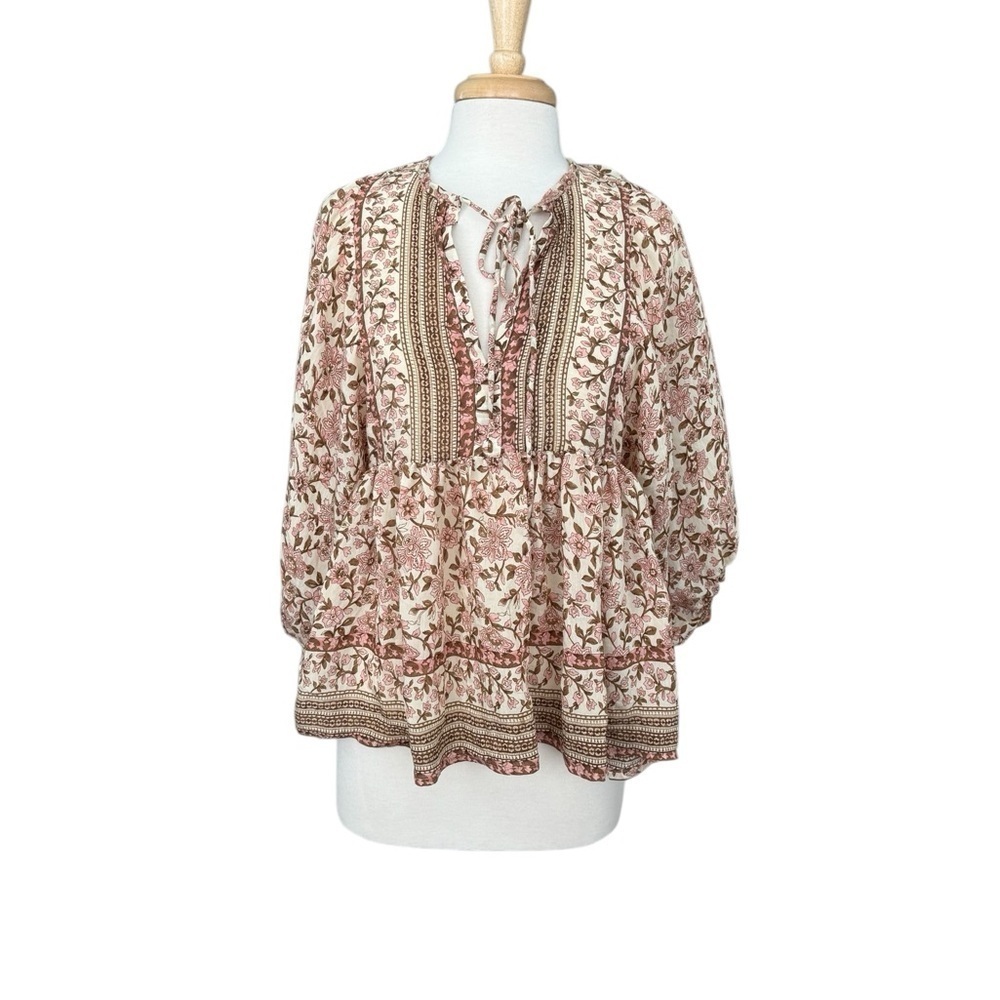 By the River Tan and Brown Relaxed Blouse with Tie Front and Mandarin Collar M